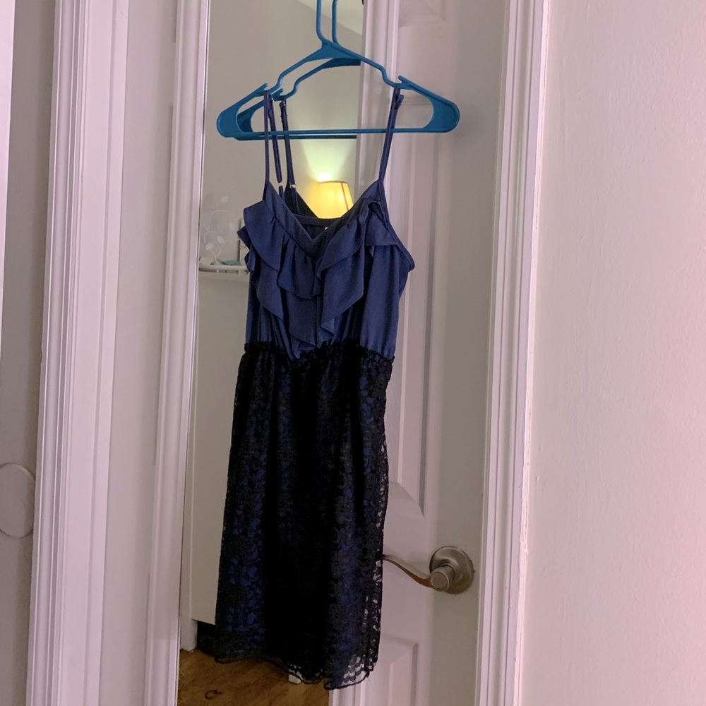 Blue Ruffle Dress with Black Lace Detail